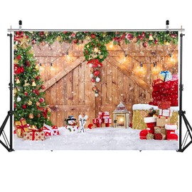 SJOLOON Rustic Christmas Barn Wood Door Backdrop for Photography Xmas Tree Snow Gift Wall Floor Party Photo Background Winter Holiday Family Supplies Banner Decoration Studio Props 12391 (8x6FT)