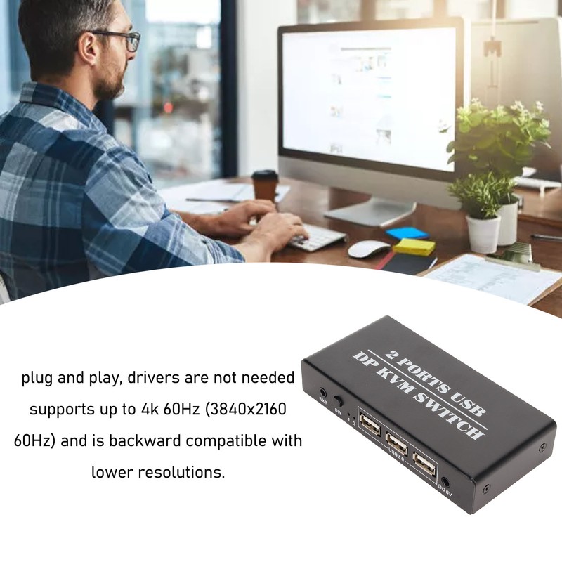 DisplayPort KVM Switch 2 Ports 4K 60Hz Dual Mode Aluminum