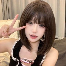 Sizuuenn Women's Full Wig, Short Bob, Bangs, Cold Brown Wig, Small Face, Fashion, Heat Resistant Wig, High Temperature Hair Yarn, Cosplay Wig, Dedicated Network, For Events, School Festivals, Cultural