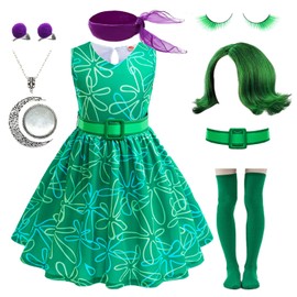 Magwei Girls Disgust Costume Joy Princess Dress Costume Kids Cosplay Dress up Halloween Birthday Christmas Outfits with Wig (Green, 9-10 Years)