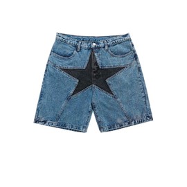 Vamtac Mens Patchwork Denim Shorts Straight Leg Star Jeans Unisex Steetwear Y2K Hip Hop Jorts for Women Blue Large/34