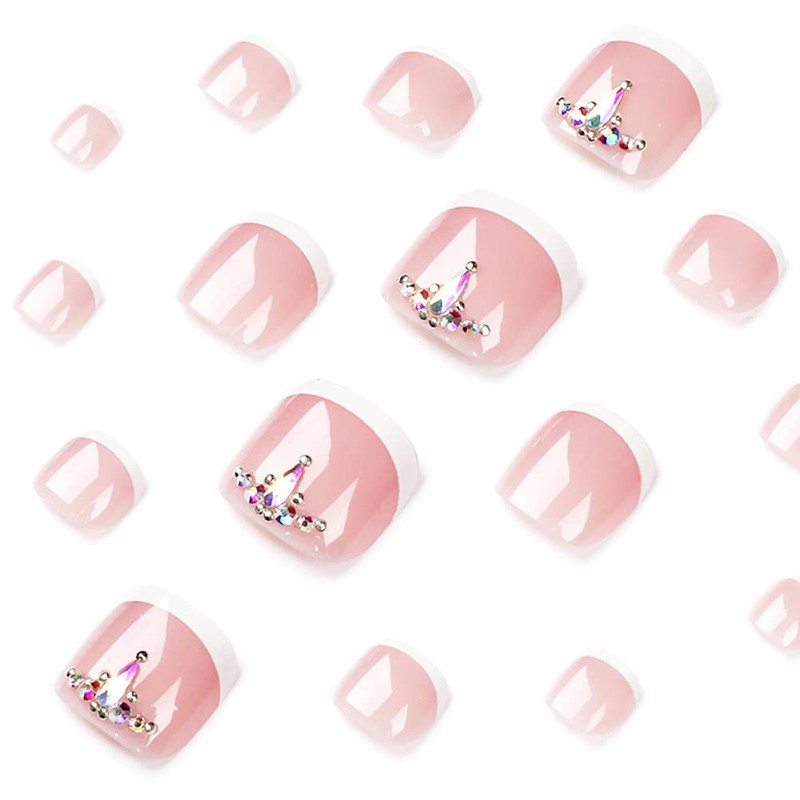 Clataly 24 Pieces Square Crystal Flowers Fake Nails Polished Toe