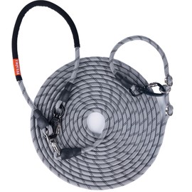 Heavy-Duty Long Dog Leash, 30/50/65 FT,Dog Tie Out Cable, Runner Cable,Training Leash with Foldable Padded Handle&Slip Collar, Double Swivel Hook for Play, Camping, Yard,Backyard Tie (Silver, 65FT)