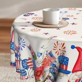 Imiss 4th of July Patriotic Tablecloth Round 60 Inch American Flag Floral Fireworks Gnome Waterproof Tabletop Cover Independence Day Memorial Day Table Cover for Party Picnic Dinner Decor