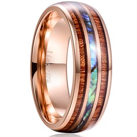 VAKKI Tungsten Carbide Hawaiian Koa Wood Ring for Men 8mm Abalone Shell Inlay Rose Gold Wedding Band Size Z+2
