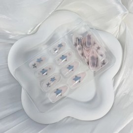 RIICFDD Summer Press On Nails Medium Almond Nude Pink Silver Star Rhinestones 24 Pc