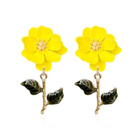 GUOXIAOMEI Metal Flower Earrings for Women Green Leaf Boho Statement Flower Bohemian Dangle Earrings Jewelry (Yellow)