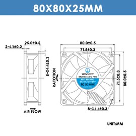 WINSINN DC 80mm Fan 5V 8025 Dual Ball Bearing Brushless Cooling 80mmx25mm 2PIN (Pack of 2Pcs)