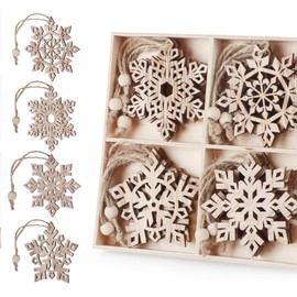 Pack of 16 Christmas Wooden Snowflakes Unfinished Wooden Pendants with Jute Cord Christmas Tree Decoration Ornaments 4 Different Patterns for DIY Crafts Gift Christmas Decoration (7.5 cm)