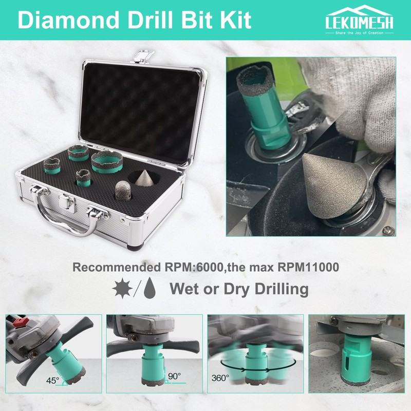 LEKOMESH Diamond Core Drill Bits Set 6pcs Tile Hole Saw