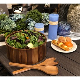 Kalmar Home 12-Inch Acacia Wood Curved Extra Large Salad Bowl with Servers