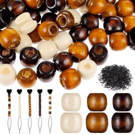 1055 Pieces Wooden Hair Beads Set Including 600 Barrel Wood Beads for Braids European Loose Beads 450 Black Elastic Hair Bands with 5 Quick Beader (White, Dark Coffee, Light Coffee, 9x10mm,11x12mm)