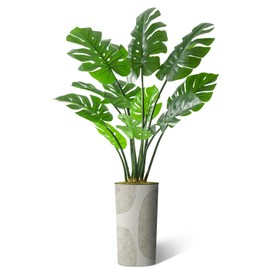 Artificial Tree in White Round Textured Pattern Planter, Fake Monstera Silk Tree for Indoor and Outdoor Home Decoration - 65" Overall Tall (Plant Pot Plus Tree)
