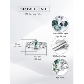 Luyona Natural Moss Agate Ring for Women 925 Sterling Silver Pear/Oval/Kite Cut Green Leaf Moss Agate Engagement Ring Promise Bridal Ring Set Anniversary Birthday Jewelry Gift-PMN8