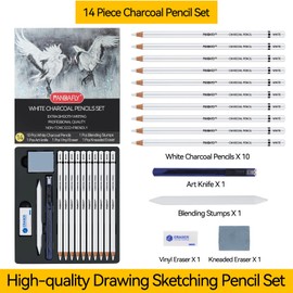 PANDAFLY White Charcoal Pencils Set, Professional 14 Piece Charcoal Pencils for Drawing, Sketching, Shading, Blending, White Chalk Pencils for Kid, Beginners & Pro Artists