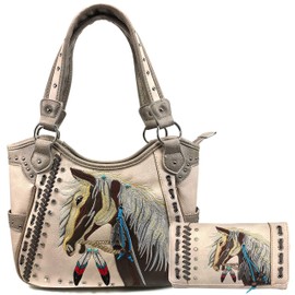 Zelris Dakota Dales Pony Horse Embroidery Mane Western Country Women Tote Purse with Matching Wallet Set (Beige)