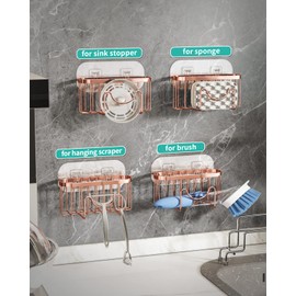 HapiRm Multifunctional Sink Sponge Holder with Unique M-Shaped, 2 Installation Ways Kitchen Sink Caddy, Stainless Steel Kitchen Organizer for Sponge, Brush and Scraper - Rose Gold