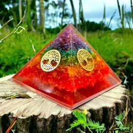 Sawcart Seven Chakra Onyx Orgone Crystal Pyramid with Tree of Life Symbol Four Sided for Reiki Healing, Chakra Balancing, Aura Cleansing, Energy Generator, Yoga Meditation Size: 2.5-3”