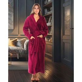 Alexander Del Rossa Womens Fluffy Robe, Fuzzy Robe for Women, Long Hooded Robes for Women, Plus Size Robe Burgundy Medium (A0304BRGMD)