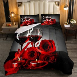 Erosebridal Rose Wine Glass Comforter Set for Girls Red Black Rose Bedding Set King Size Floral Blossom Quilt Set Banquet Flower Romantic Valentine's Day Duvet Set, Women Men Adult Grey Comforter Set