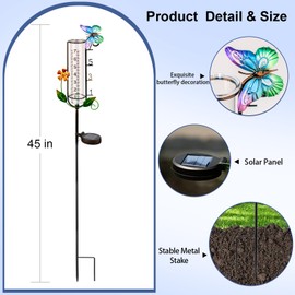 45'' Solar Rain Gauge with LED Light, Butterfly Weather Station for Garden Decor, Outdoor Waterproof Rain Measurement Tool for Yard, Lawn, Patio - Functional & Decorative Weather Art