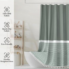 Seasonwood Sage Green Shower Curtain for Bathroom Stripe Tassel Shower Curtain 72 X 84 Inches Extra Long Fabric Shower Curtains, Tall Minimalist Waterproof Cloth Shower Curtains