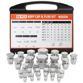 Venussar 56 Pcs BSPP Cap and Plug Kit, Hydraulic Cap and Plug Kit with Precision Threading, Galvanized Steel Hydraulic Fitting Adapter Kit, Dash Sizes 02/04/06/08/10/12/16