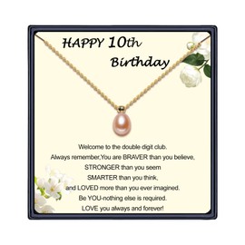 10th Birthday Gifts for Girls Pink Pearl Gold Necklace as Christmas Gifts for 10 Year Old Girls,Adjustable Length 10th Birthday Necklace for 10Yr Old Girl Birthday Gifts Ideas