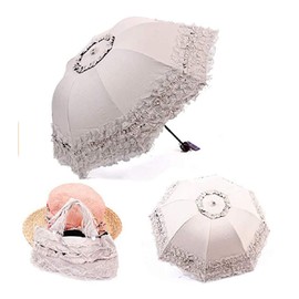 zmgmsmh Foldable Travel Umbrella Compact UV Resistance Princess Lace Parasol Umbrella Sun Umbrella for Women Girls (Beige)