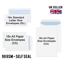 Mixed Size Pack Standard DL / A5 / A4 No Window SELF Seal Envelopes Plain White DL C5 C4 (16x Standard DL / 16x A5 / 16x A4 Envelopes)