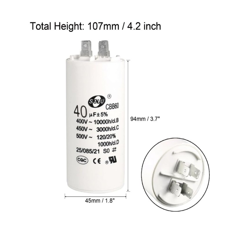 1×CBB60 Run Capacitor - 450V 40uF Double Insert 50/60Hz Cylindrical