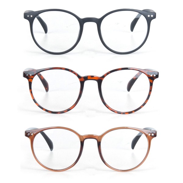 EYE ZOOM 3 Pack Retro Round Plastic Frame Reading Glasses for Men and Women, Multi Color, 1.00