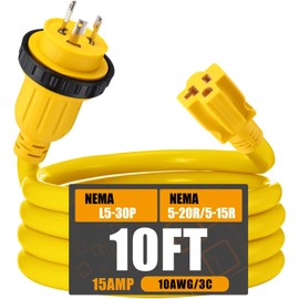 Kanayu 10FT 30 Amp to 15 Amp Marine Shore Power Adapter Extension Power Cord Compatible with NEMA L5-30P to 5-15/20R 10AWG 30Amp to 20Amp T Blade Marine Plug 125V Household Outlet Pigtail Boat Adapter