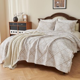 EVENHUG 100% Cotton Quilt Queen Size Reversible Leaf Quilted Bedding Set Summer Lightweight Bedspread Coverlet with 2 Pillow Shams Washable Bed Cover for All Season 3 Pieces, 92"x96", Beige