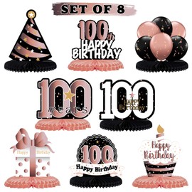 LINGTEER Happy 100th Birthday Rose Gold Table Honeycomb Centerpieces Cheers to 100th Birthday 100 Years Old Party Table Decorations Gift Sign.