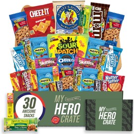 Military Small Snack Box ( 31 Piece Variety Gift Basket Care Package ) Chips, Candy, Peanuts, Popcorn, Cookies, Gummy Snacks, Chocolates and More - My Hero Crate