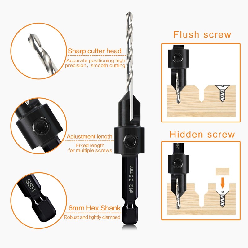 8 Pack Woodworking Countersink Drill Bits Set 3in1, Heavy Duty