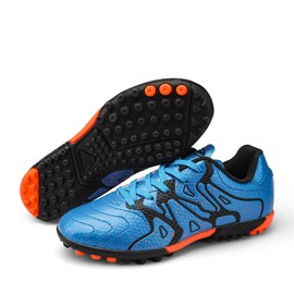 MiFeloo Kids Indoor Soccer Shoes Athletic Outdoor Turf Soccer Cleats Lace Up for Boys Girls Sky Blue/Orange 1.5(M) US