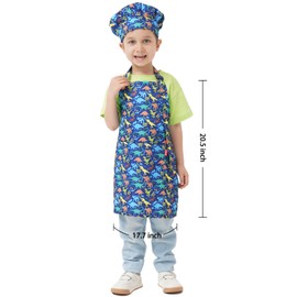 ALIPOBO Kids Apron and Chef Hat Set, Children's Kitchen Cooking Aprons with 2 Pockets for Boys Girls Toddler Painting Baking (Dinosaur Blue, 2-5 Years)