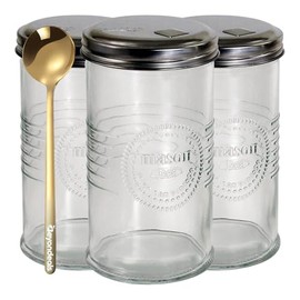 Grant Jars 14 Ounce Glass Sugar Dispenser, Vintage Mason Jar Design With Stainless Steel Lid, Bundle With BeyondealsGolden Ss Spoon, & Large Capacity, Multipurpose Jar, [Pack Of 3]