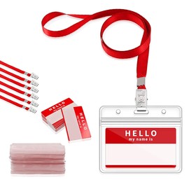 Gimars 50 pcs Red Badge Holder, Waterproof Name Badge Holders with Lanyards and Nameplates/Conference Work Pass ID Card Holders for Business, Office and School