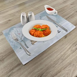 Ambesonne Christmas Place Mats Set of 4, Snow Falling in The Park on a Cold Winter Day Birds Lanterns Xmas Season Picture, Washable Fabric Placemats for Dining Table, Standard Size, Pale Blue Grey