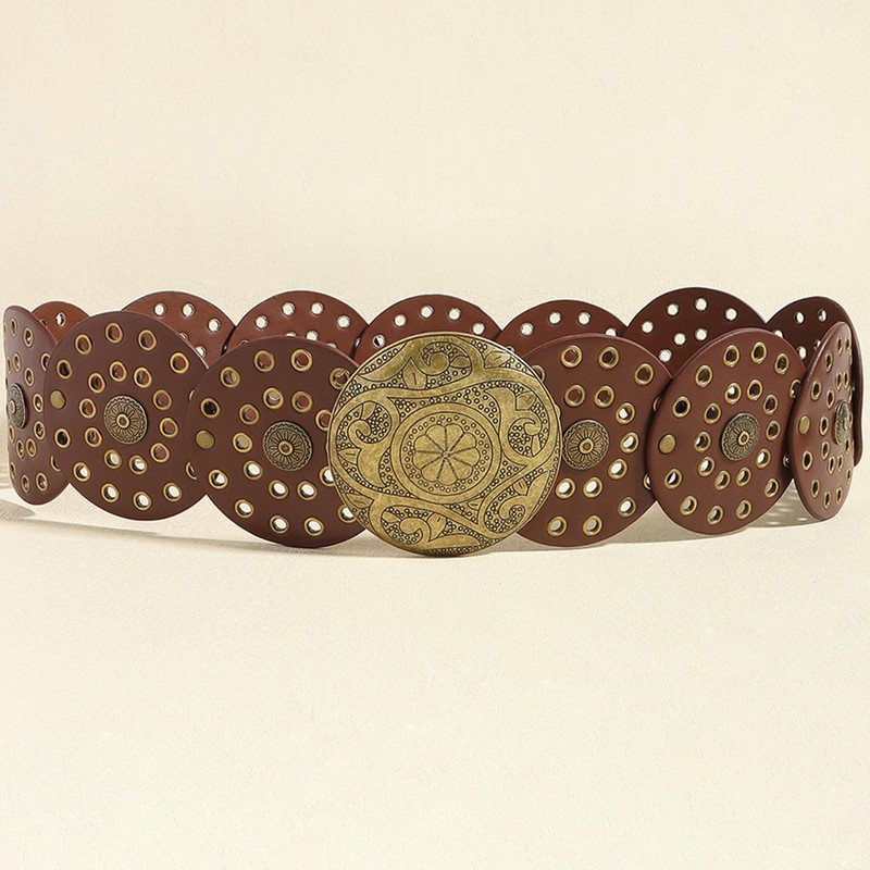 IZUS Classic-Retro Oval-Concho-Buckle Western-Belt for Women-Dresses Wide-Disc Cowgirl-Belts Boho-Country-Style