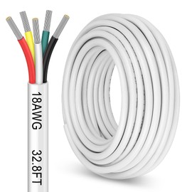 32.8FT 18 Gauge 5 Conductor Electrical Wire, 18 AWG Low Voltage Landscape Wire, 18/5 Thermostat Wire for LED Lighting Strips Automotive Security Alarm Speaker, White