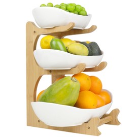 Seven Sparta 3 Tier Fruit Bowl for Kitchen Counter (PLUS Series) / Ceramic Serving Bowls with Bamboo Stand/Big Size Tiered Fruit Basket for Fruit Vegetable Storage, Dessert, Salad Buffet Server