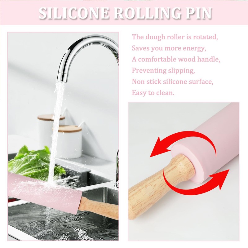 Silicone Rolling Pin for Baking,15inch Pastry Dough Roller with Wooden