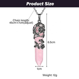 HSAJS Gemstone Jewellery, Obelisk Gemstone Necklace, Women's Old Silver Flower Wire Wrap Hexagon Column Pendant with Adjustable Chain Retro, Necklace, Rose Quartz, Amethyst, Natural Stone, Stainless