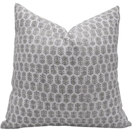 Fabritual Thick Linen 18x18 Inch Throw Pillow Cover, Outdoor Pillow with Handblock Print, Decorative Handmade Cushion Cover for Sofa and Couch, Floral Print with Boho Design (Tulsi Buti-Grey)