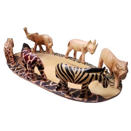 Stoneage Arts Hand Crafted Decorative Safari Bowl with Meticulously Carved Animals on Rim. Made from native African Jacaranda Wood (Variation 1)