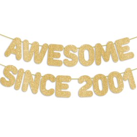 Pre-Strung Awesome Since 2001 Gold Glitter Banner, Happy 25th Birthday Decorations for Women, 25 Year Old Anniversary Party Decor for Men